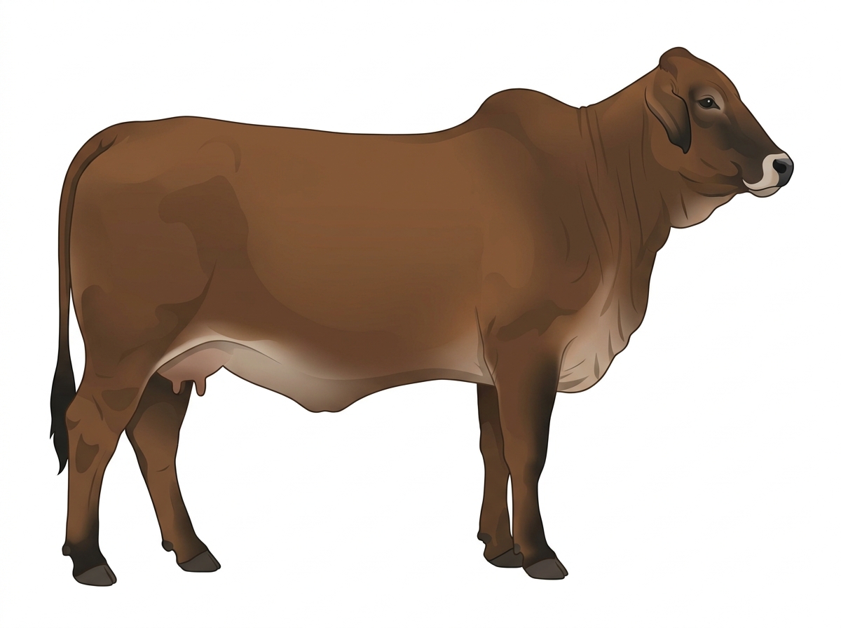 Brown brindle with faint black striping, black points and a pale muzzle ring and lighter underline Brahman Cross Cow