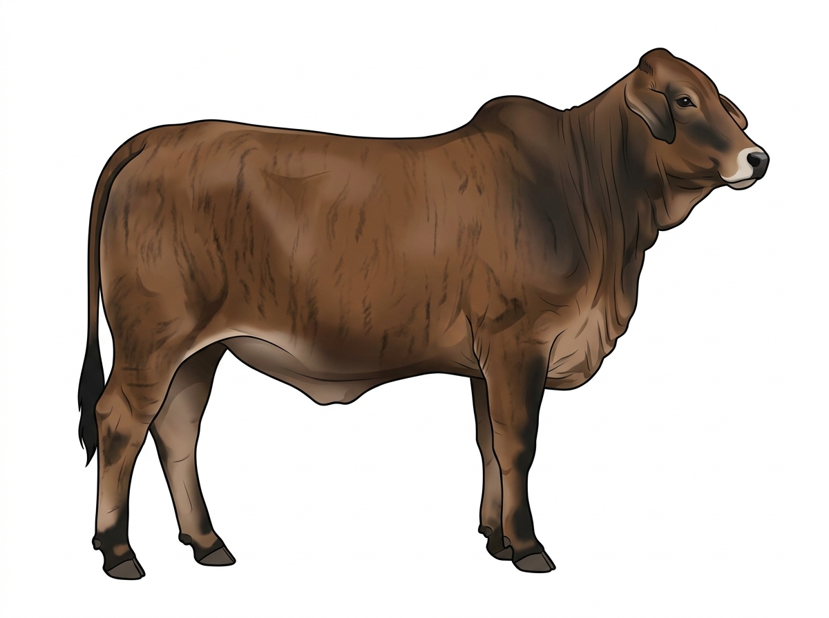 Brown brindle with faint black striping, black points and a pale muzzle ring and lighter underline Brahman Cross Heifer