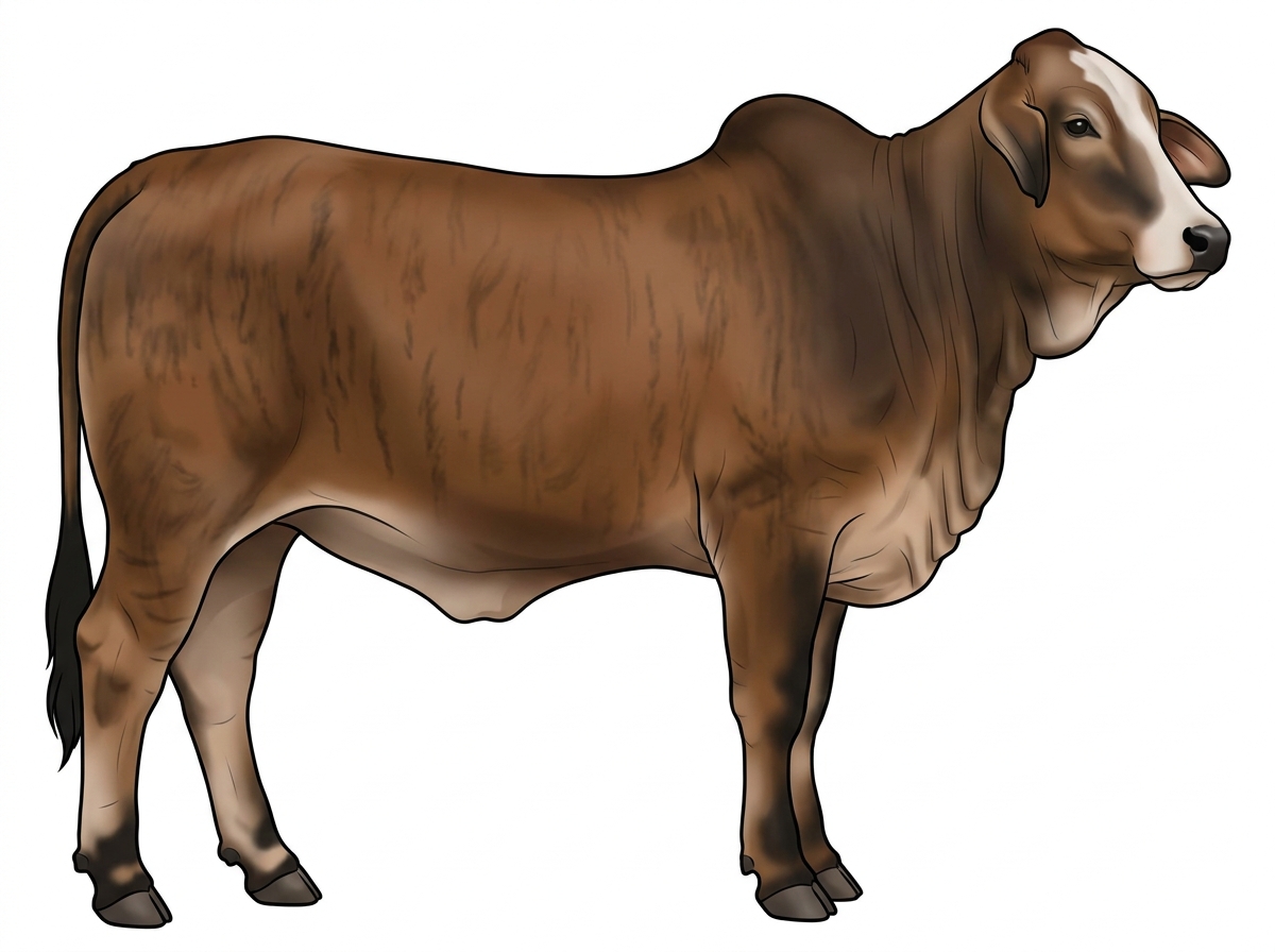 Brown brindle with faint black striping, black points and a partial white face Brahman Cross Heifer