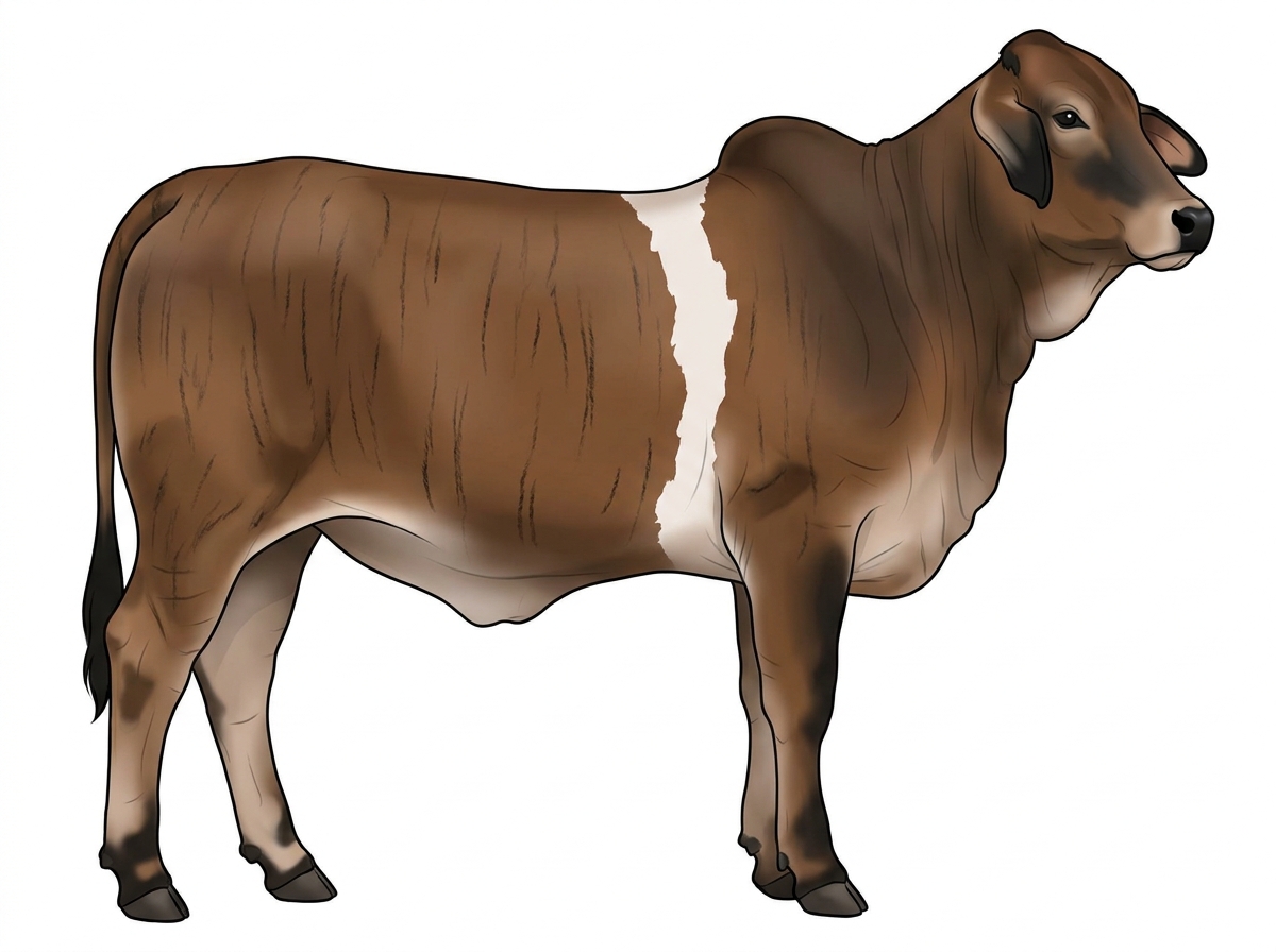 Brown brindle with faint black striping, black points and a white belt around the midsection Brahman Cross Heifer