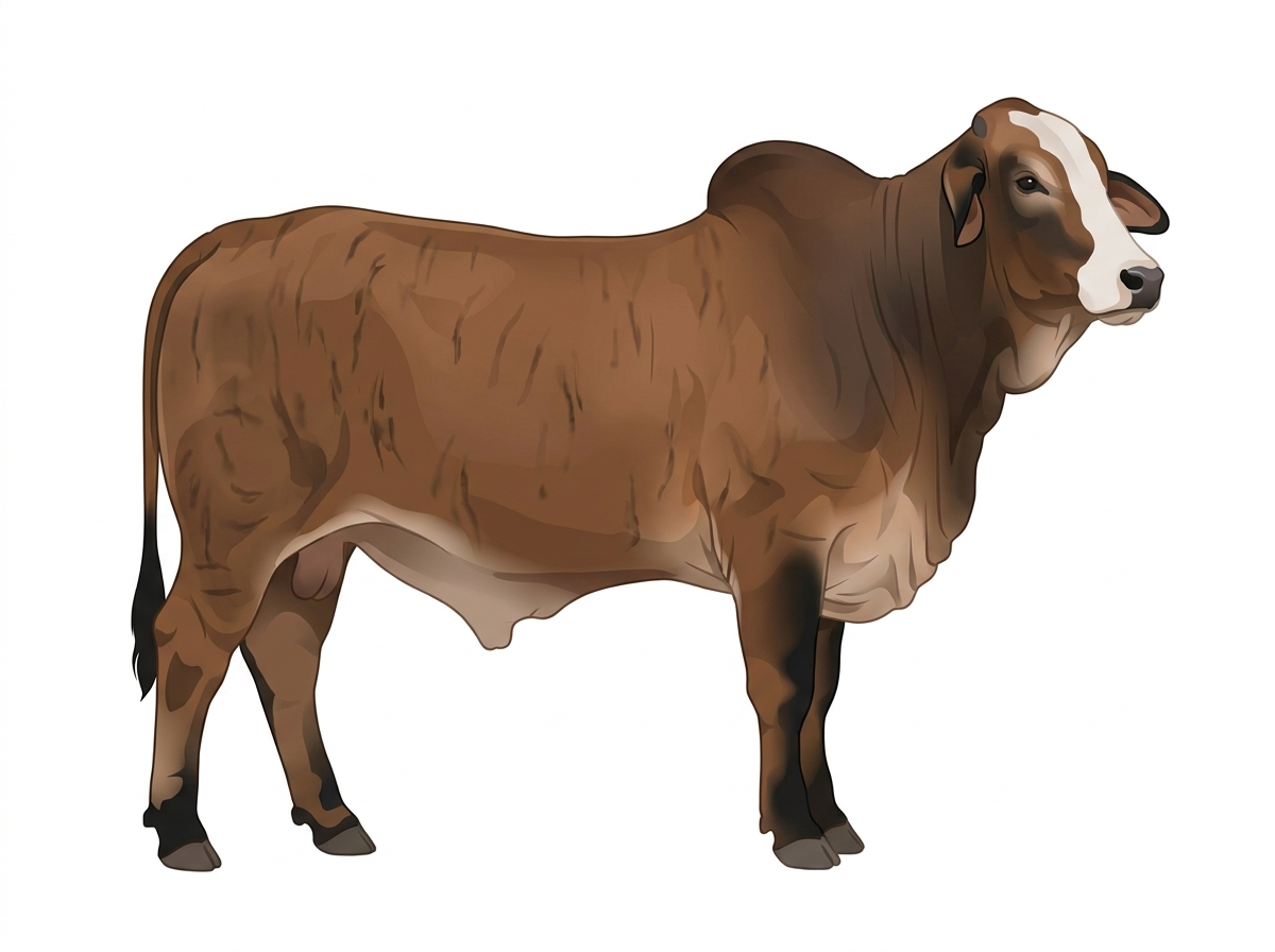 Brown brindle with faint black striping, black points and a white face Brahman Cross Bull