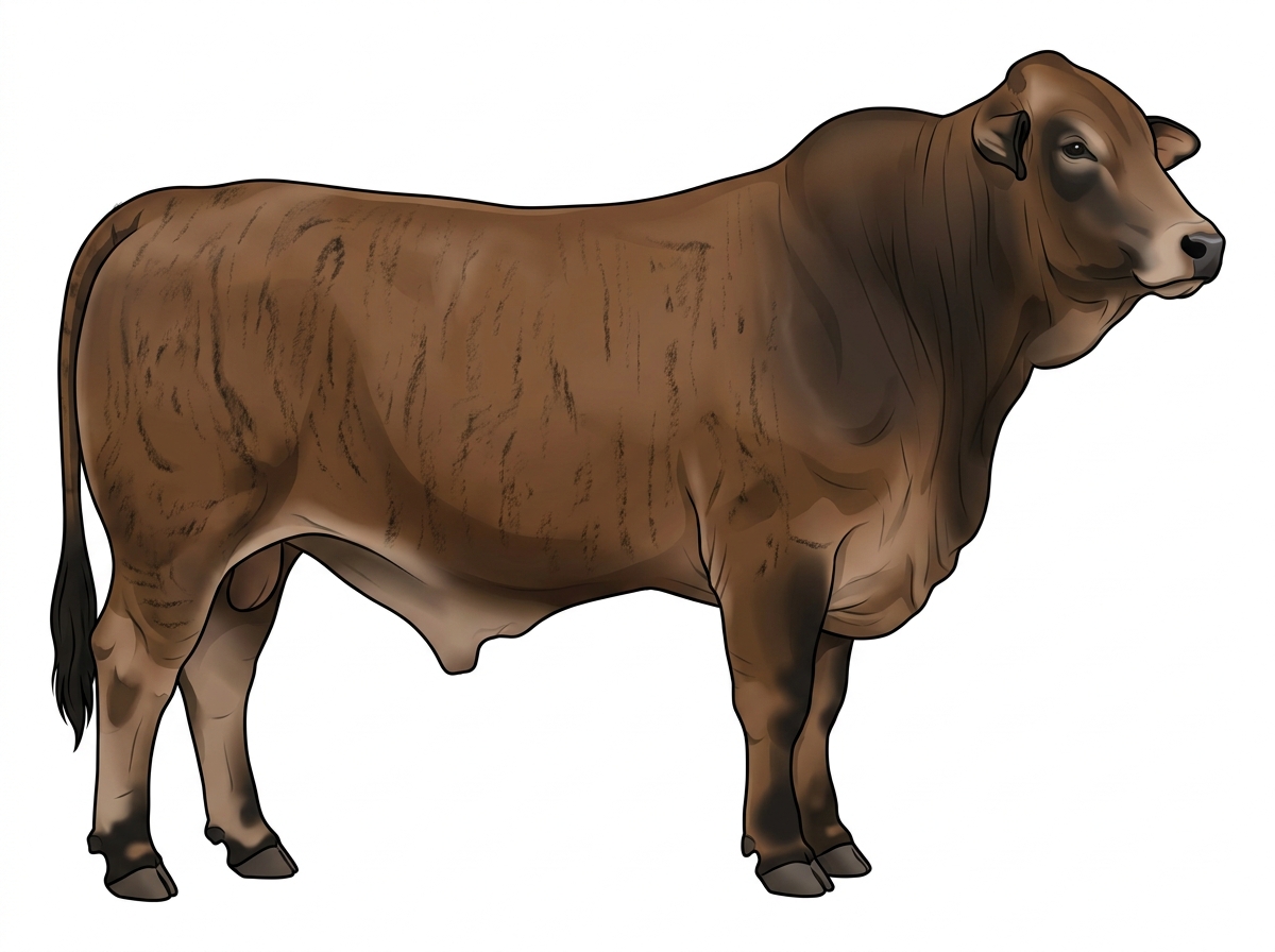 Brown brindle with faint black striping, black points and ticking in the white Brahman Cross Bull