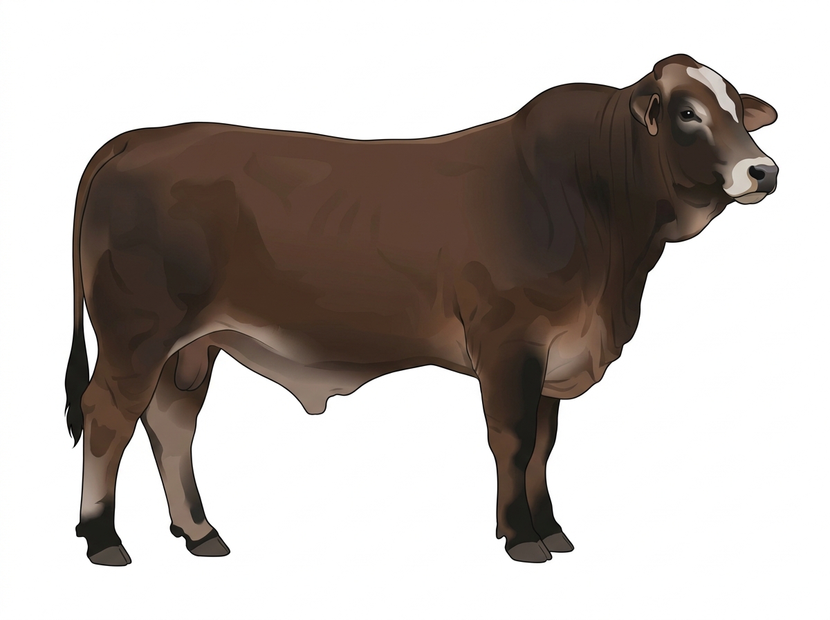 Brown with black points, a pale muzzle ring and lighter underline and a partial white face Brahman Cross Bull