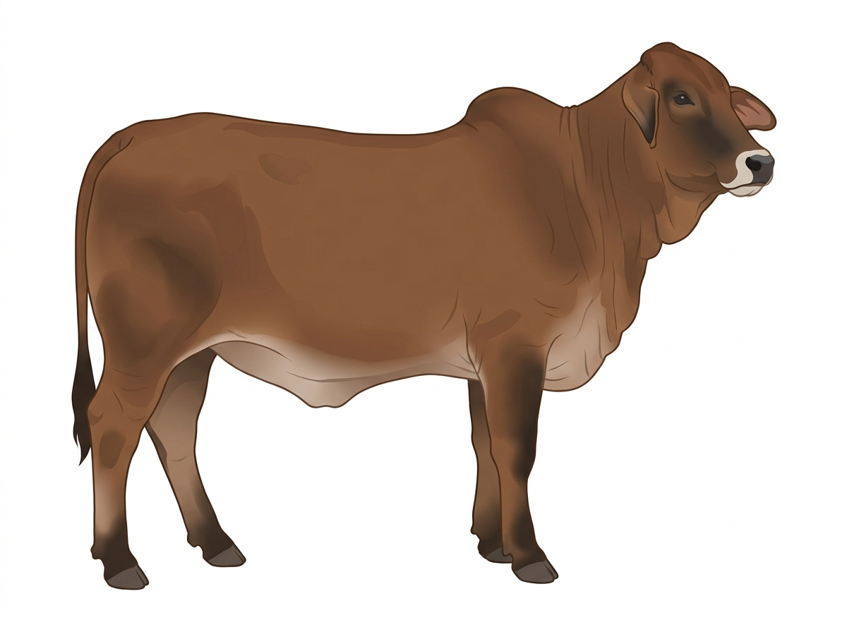 Brown with black points, a pale muzzle ring and lighter underline and minimal white face markings Brahman Cross Heifer