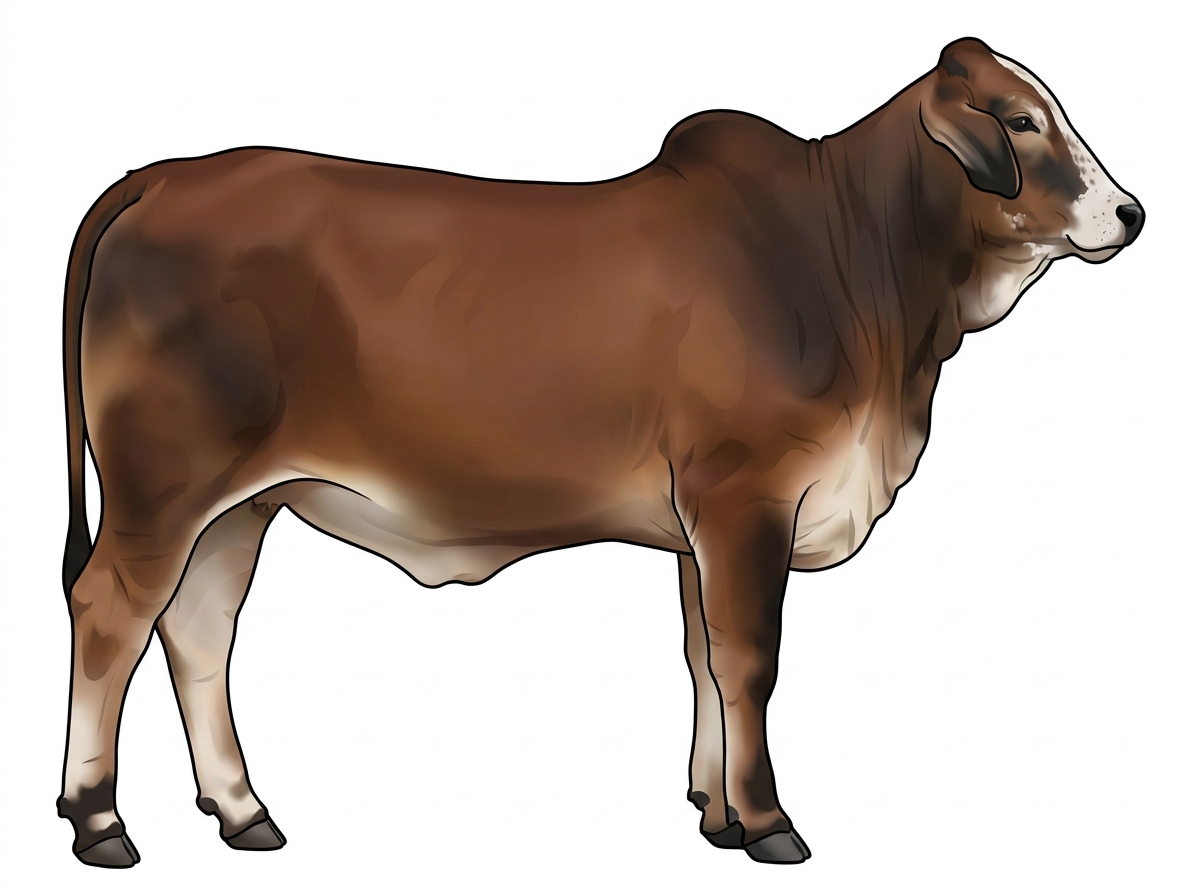 Brown with black points, a partial white face and ticking in the white Brahman Cross Heifer
