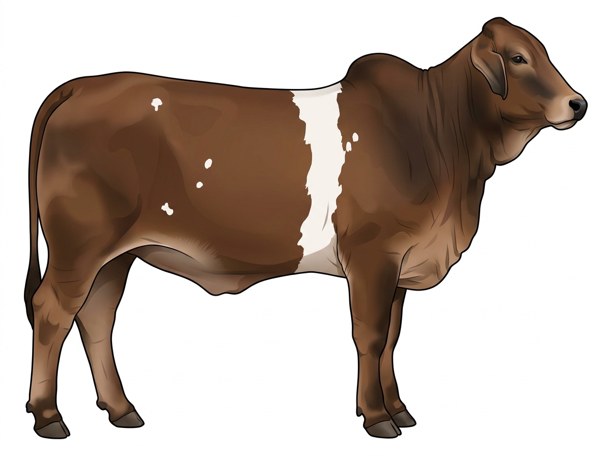 Brown with black points, a white belt around the midsection and a few white spots Brahman Cross Heifer