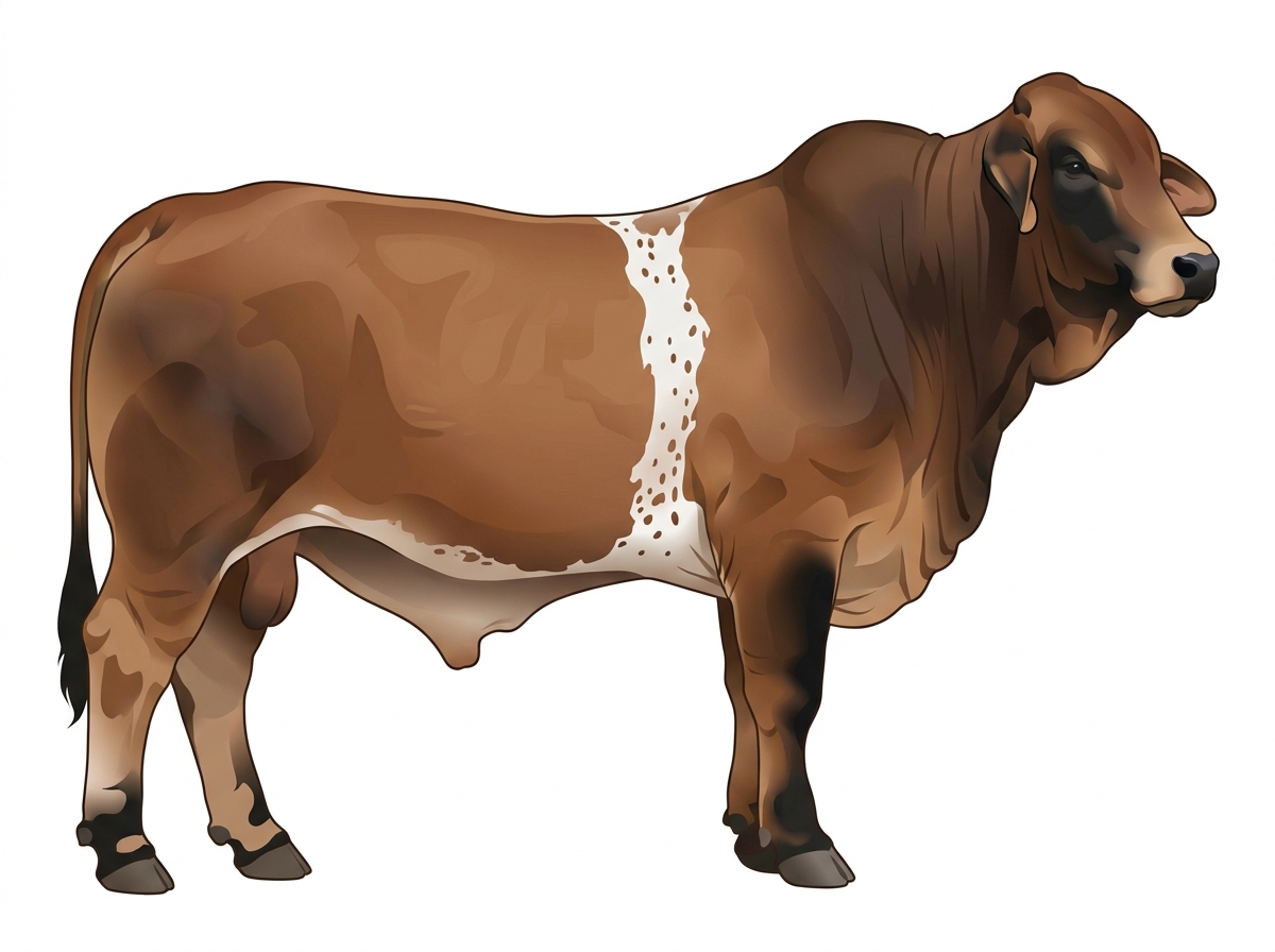 Brown with black points, a white belt around the midsection and ticking in the white Brahman Cross Bull