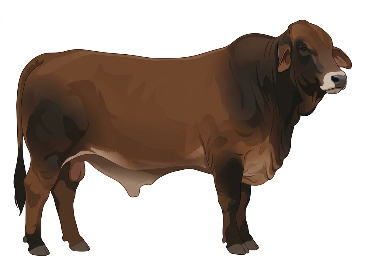 Brown with black points and a pale muzzle ring and lighter underline Brahman Cross Bull