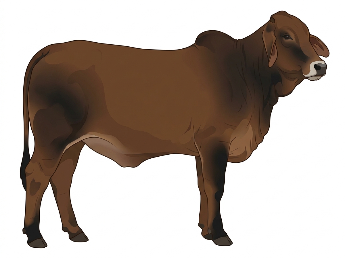Brown with black points and a pale muzzle ring and lighter underline Brahman Cross Heifer