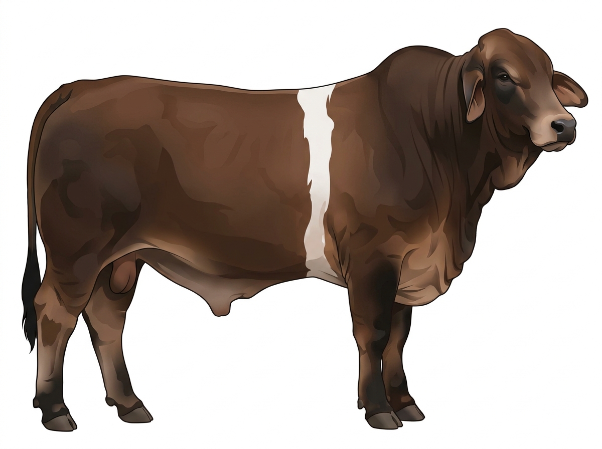 Brown with black points and a white belt around the midsection Brahman Cross Bull