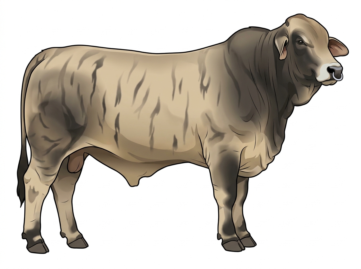 Cream brindle with black stripes, black points and a pale muzzle ring and lighter underline Brahman Cross Bull