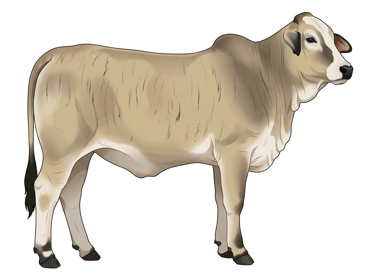 Cream brindle with faint black striping, black points and a partial white face Brahman Cross Heifer