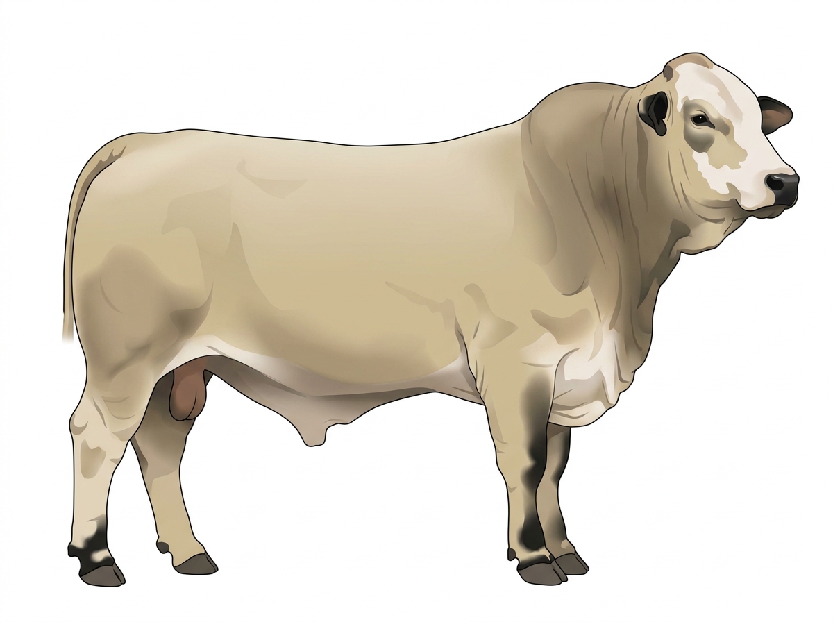 Cream with black points and a partial white face Brahman Cross Bull