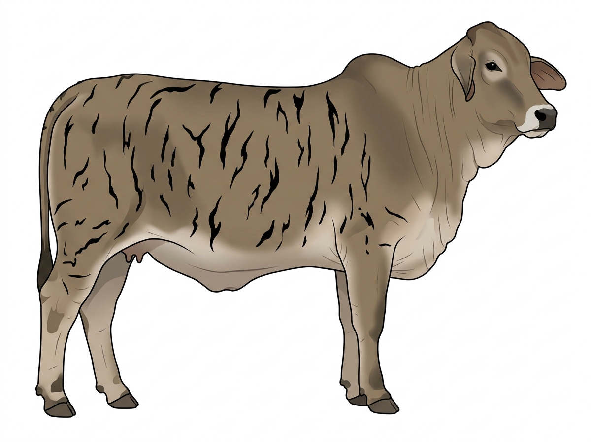 Dun brindle with black stripes and a pale muzzle ring and lighter underline Brahman Cross Heifer