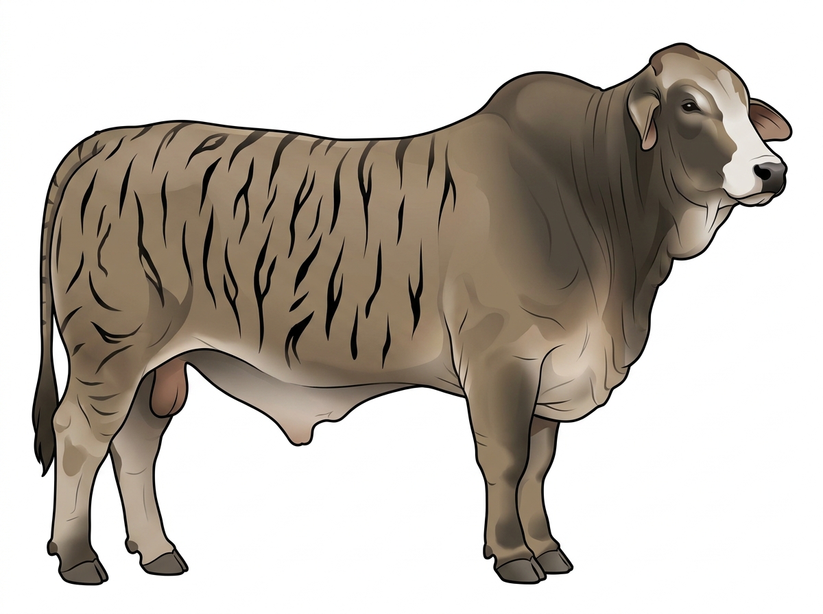 Dun brindle with black stripes and a partial white face Brahman Cross Bull