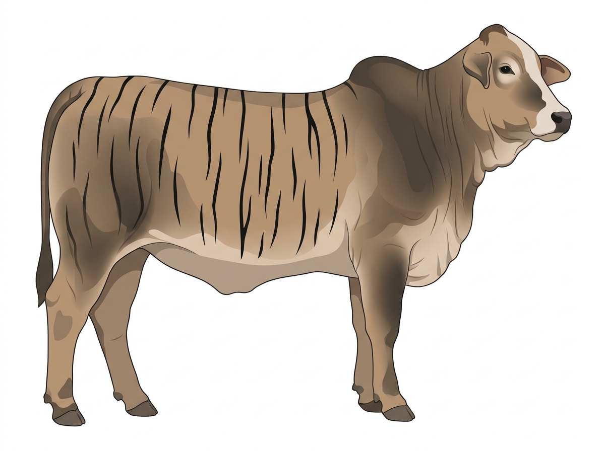 Dun brindle with black stripes and a partial white face Brahman Cross Heifer