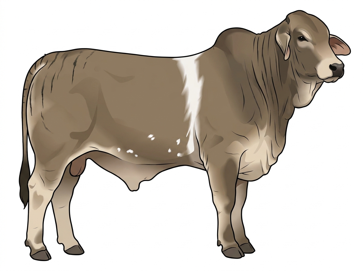 Dun brindle with faint black striping, a white belt around the midsection and a few white spots Brahman Cross Bull