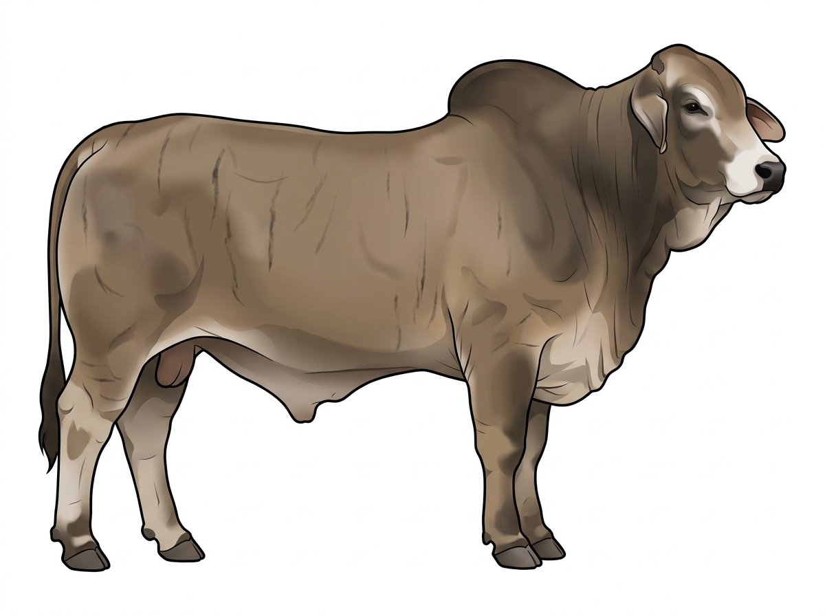 Dun brindle with faint black striping and a partial white face Brahman Cross Bull