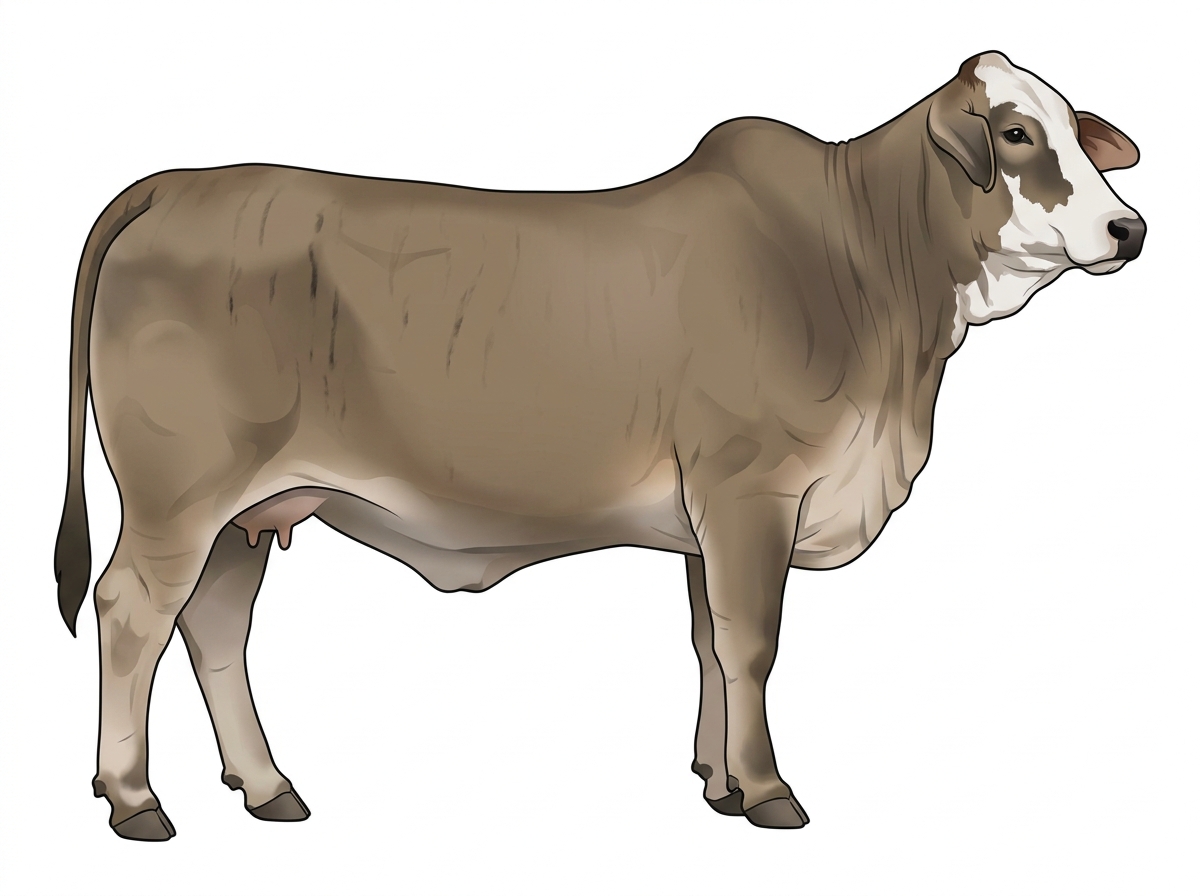 Dun brindle with faint black striping and a partial white face Brahman Cross Cow