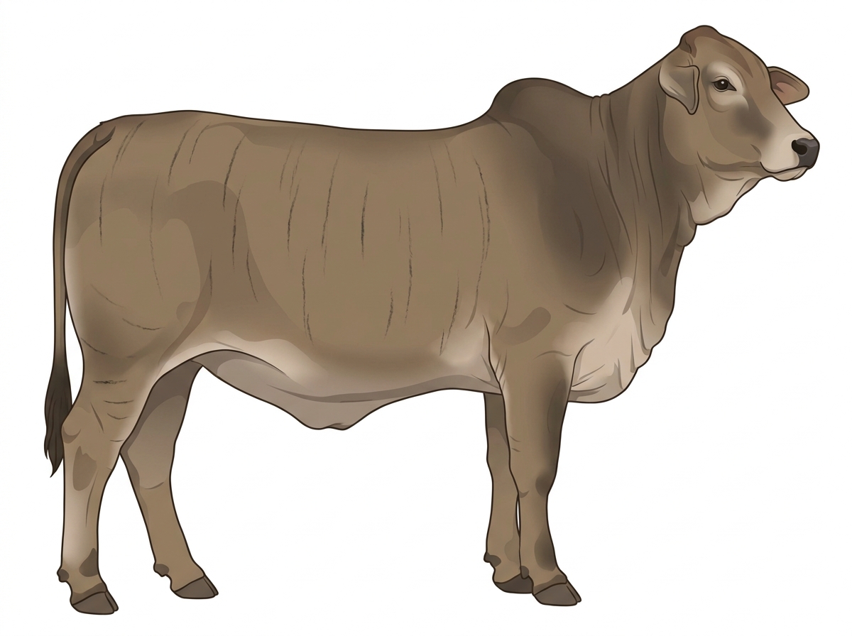 Dun brindle with faint black striping, black points and a pale muzzle ring and lighter underline Brahman Cross Heifer