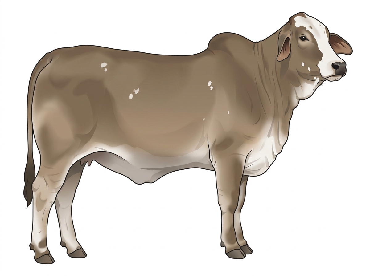 Dun with a pale muzzle ring and lighter underline, a partial white face and a few white spots Brahman Cross Heifer