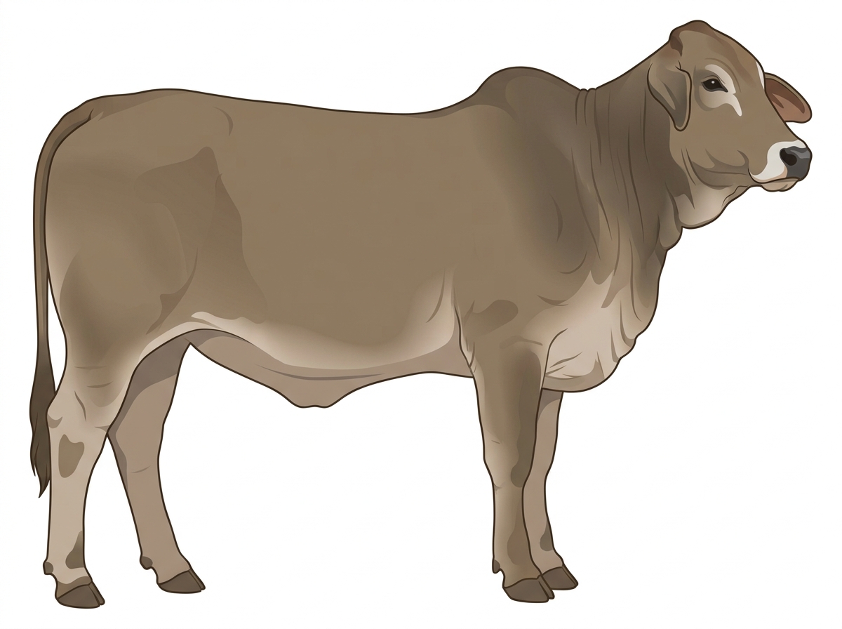 Dun with a pale muzzle ring and lighter underline and a partial white face Brahman Cross Heifer