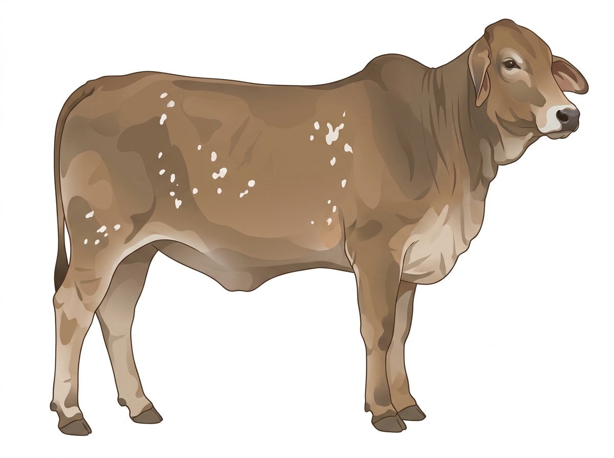 Dun with a pale muzzle ring and lighter underline and white spots Brahman Cross Heifer