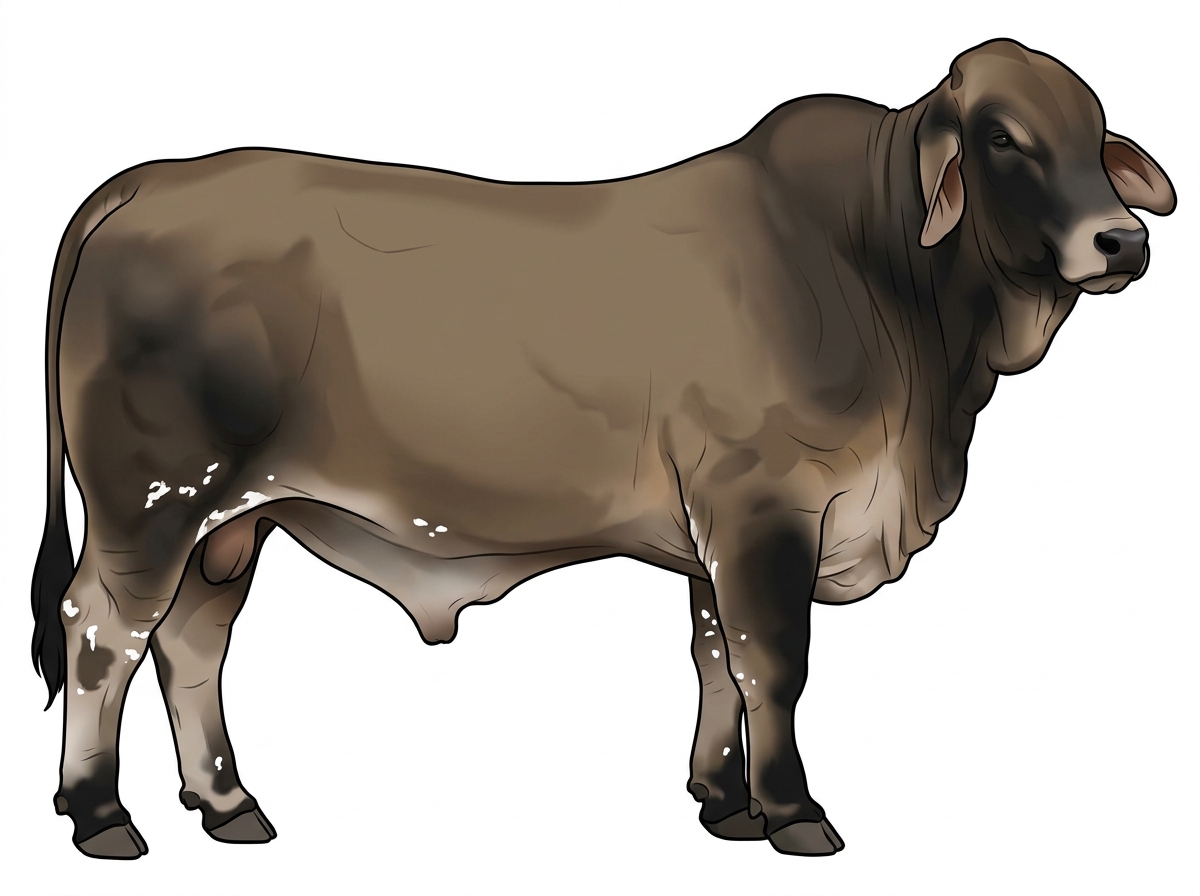 Dun with black points, a few white spots and ticking in the white Brahman Cross Bull