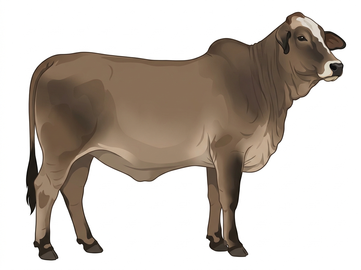 Dun with black points, a pale muzzle ring and lighter underline and a partial white face Brahman Cross Heifer