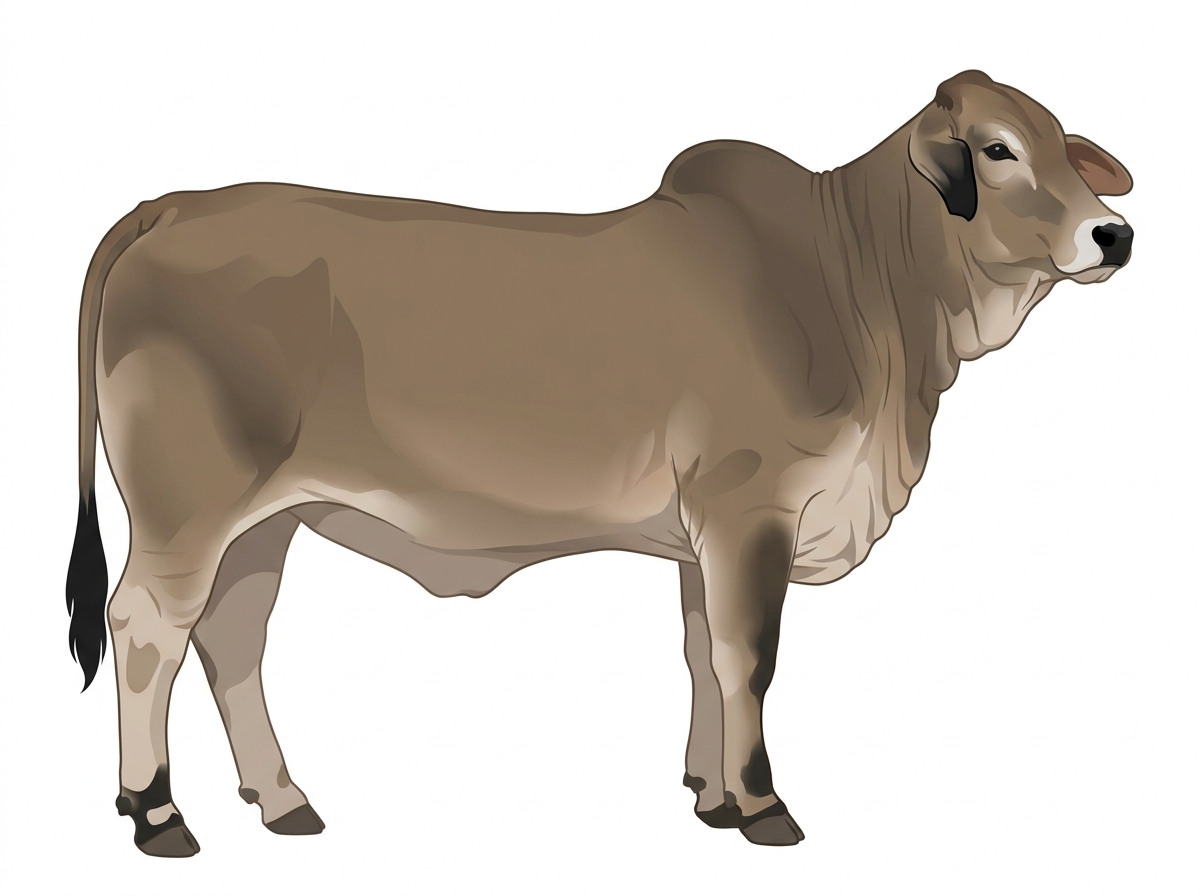 Dun with black points, a pale muzzle ring and lighter underline and minimal white face markings Brahman Cross Heifer