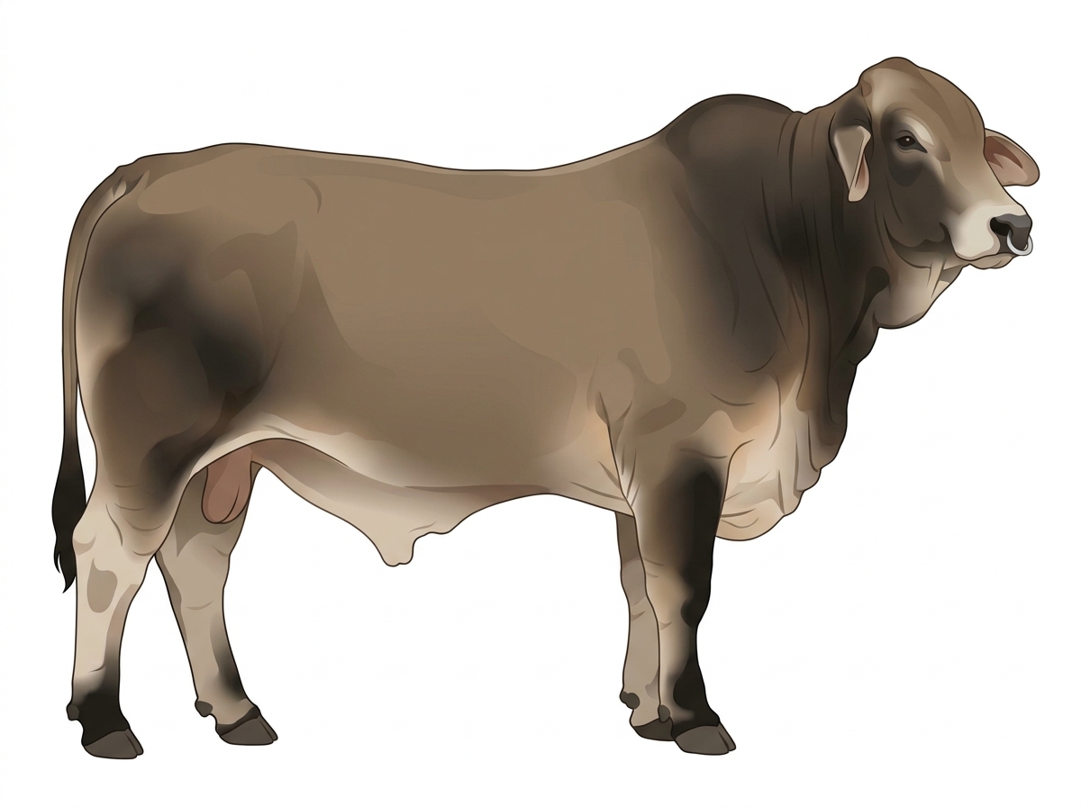 Dun with black points and a pale muzzle ring and lighter underline Brahman Cross Bull