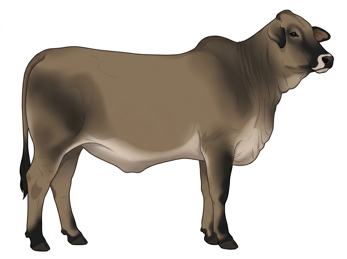 Dun with black points and a pale muzzle ring and lighter underline Brahman Cross Heifer