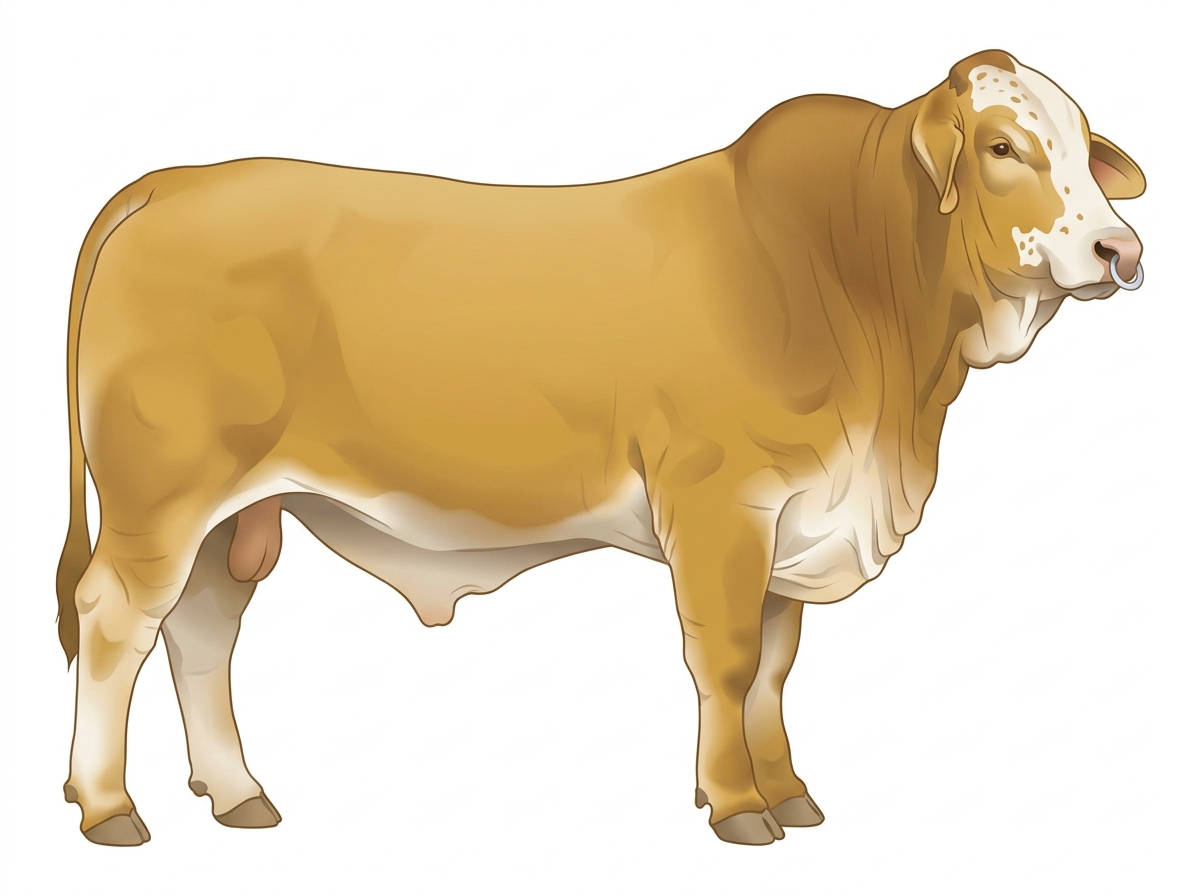 Gold with a pale muzzle ring and lighter underline, a partial white face and ticking in the white Brahman Cross Bull