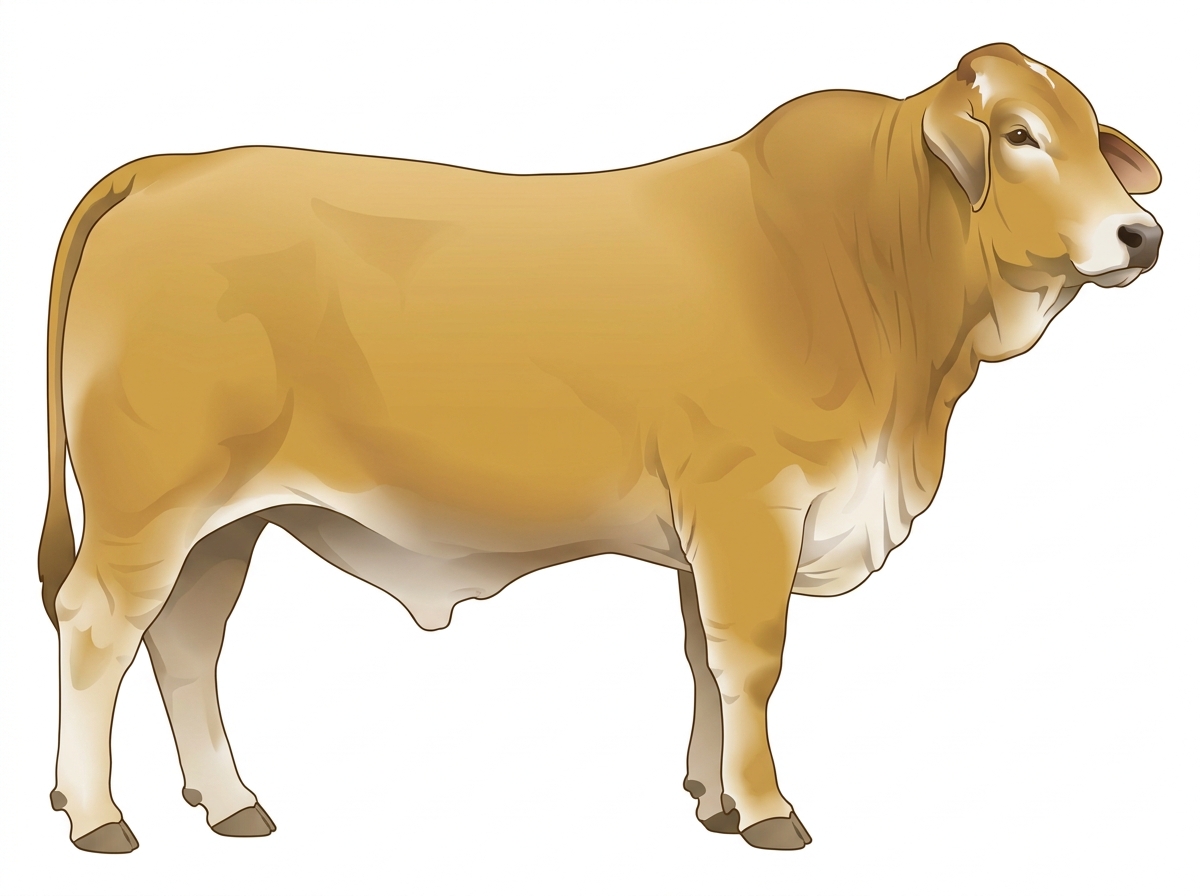 Gold with a pale muzzle ring and lighter underline and minimal white face markings Brahman Cross Bull