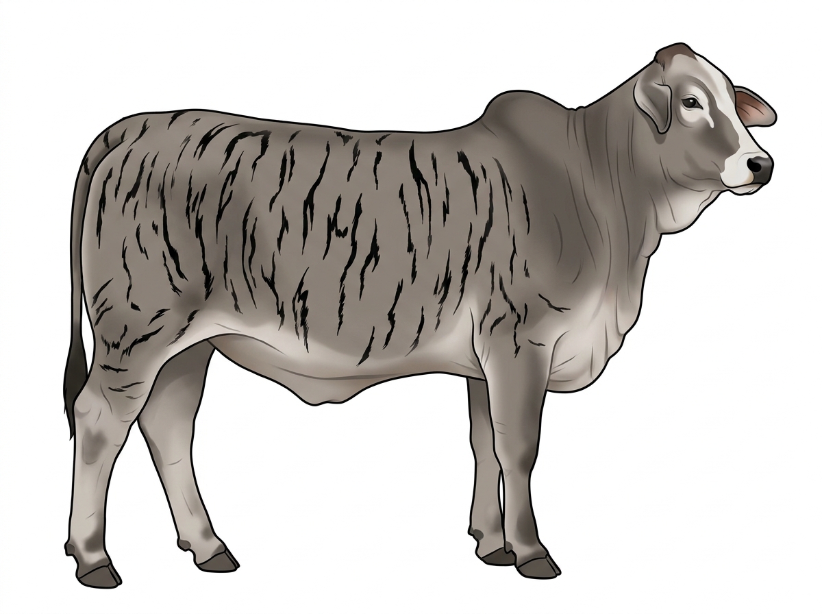 Gray brindle with black stripes, a pale muzzle ring and lighter underline and a partial white face Brahman Cross Heifer