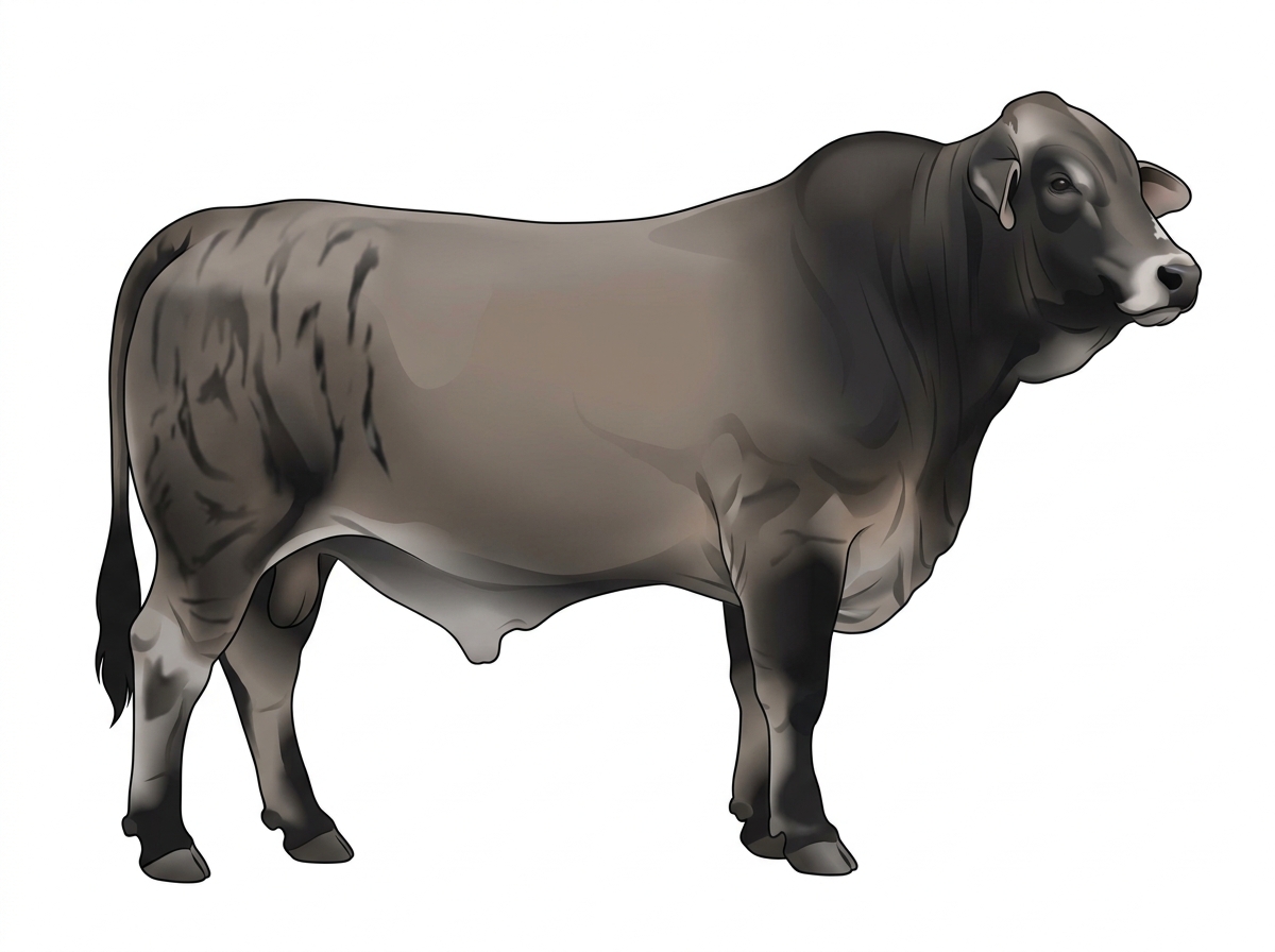 Gray brindle with black stripes, black points and minimal white face markings Brahman Cross Bull