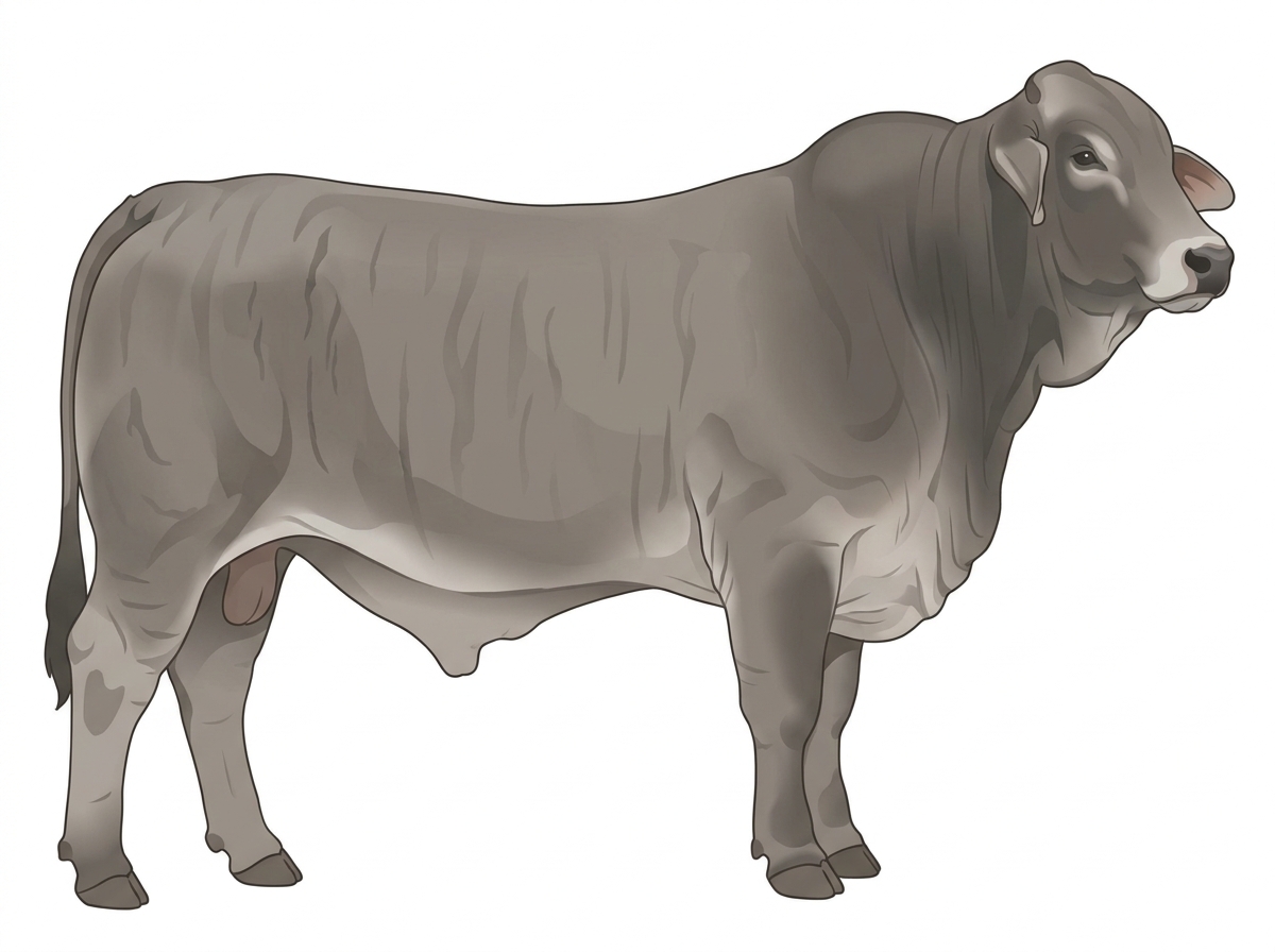 Gray brindle with faint black striping and a pale muzzle ring and lighter underline Brahman Cross Bull