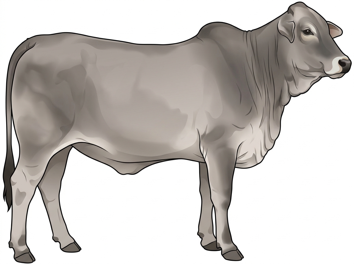 Gray brindle with faint black striping and a pale muzzle ring and lighter underline Brahman Cross Heifer
