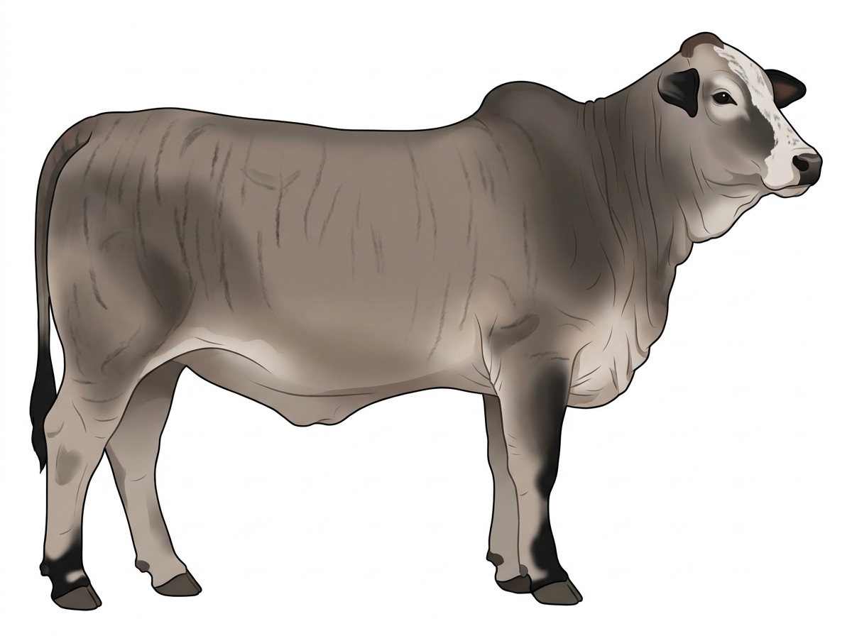 Gray brindle with faint black striping, black points, a partial white face and ticking in the white Brahman Cross Heifer