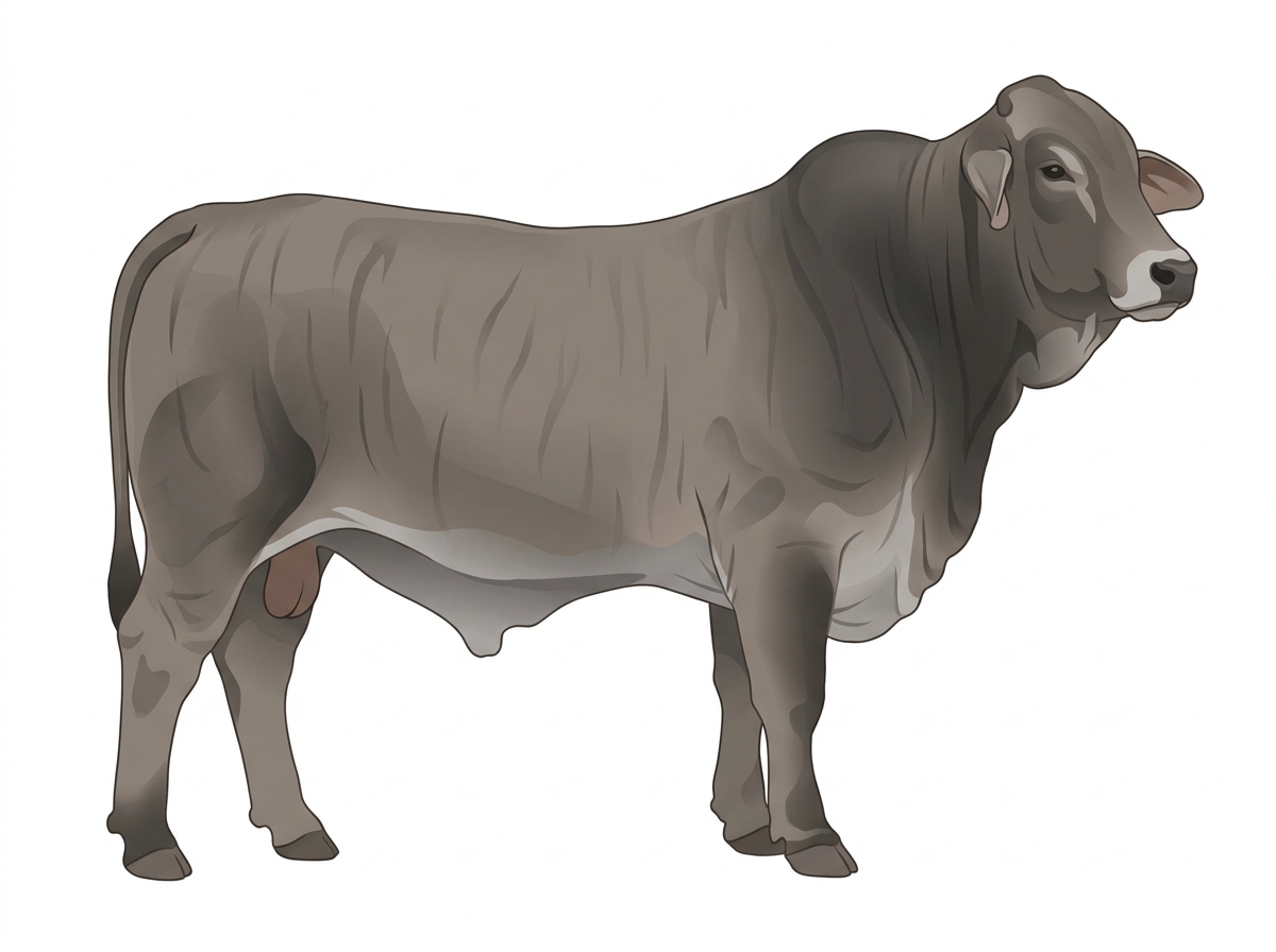 Gray brindle with faint black striping, black points and a pale muzzle ring and lighter underline Brahman Cross Bull