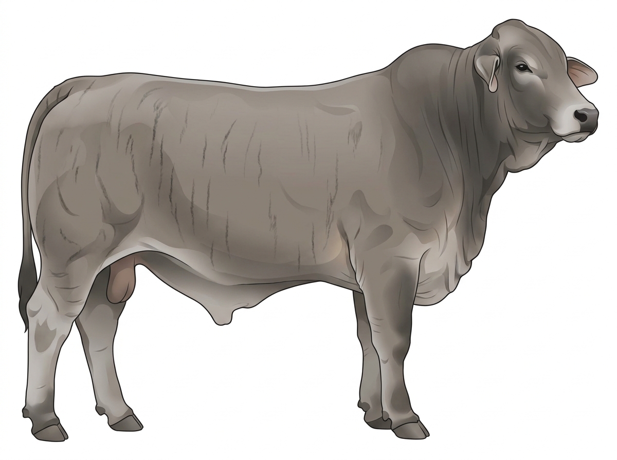 Gray brindle with faint black striping Brahman Cross Bull