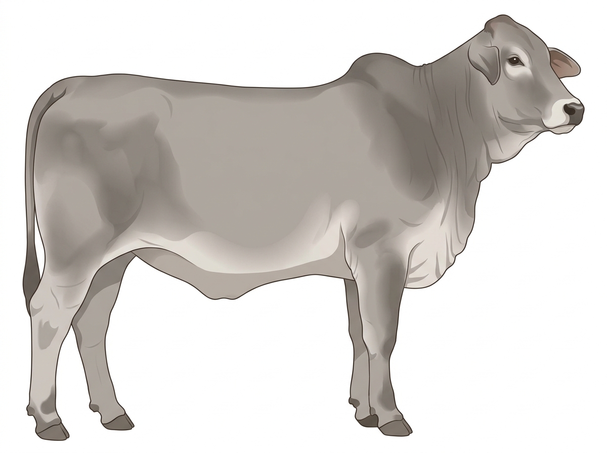 Gray roan with a pale muzzle ring and lighter underline Brahman Cross Heifer