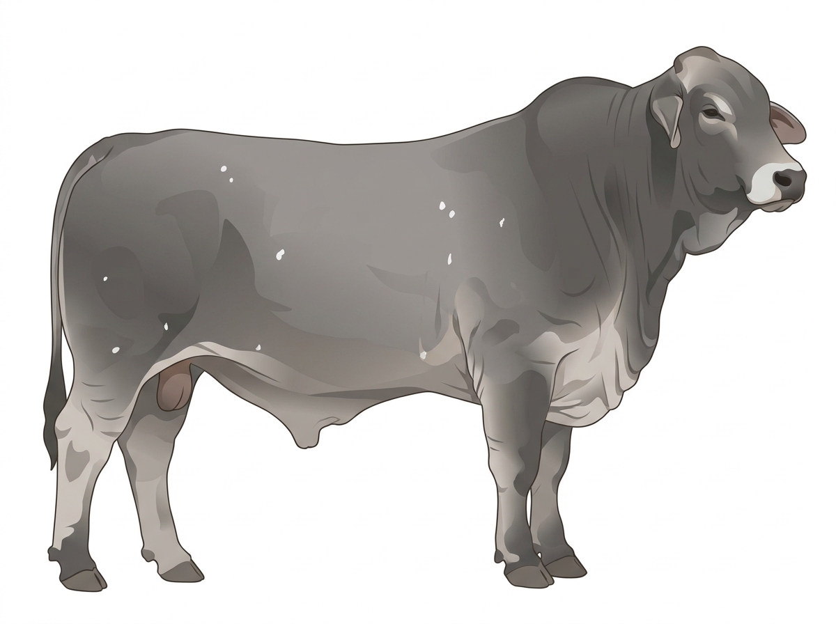 Gray with a pale muzzle ring and lighter underline, a few white spots and ticking in the white Brahman Cross Bull