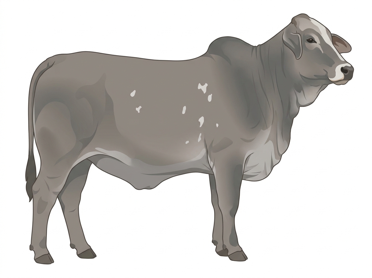 Gray with a pale muzzle ring and lighter underline, a partial white face and a few white spots Brahman Cross Heifer