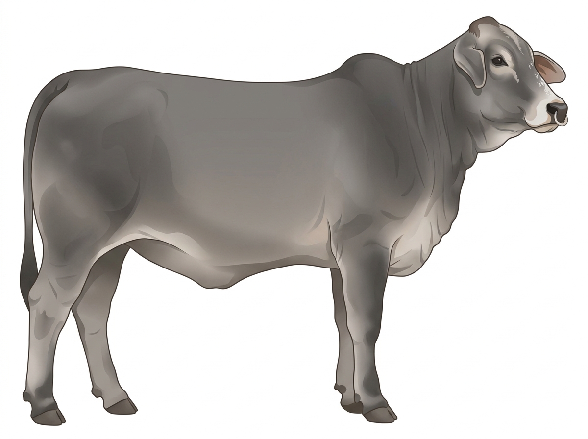 Gray with a pale muzzle ring and lighter underline, a partial white face and ticking in the white Brahman Cross Heifer