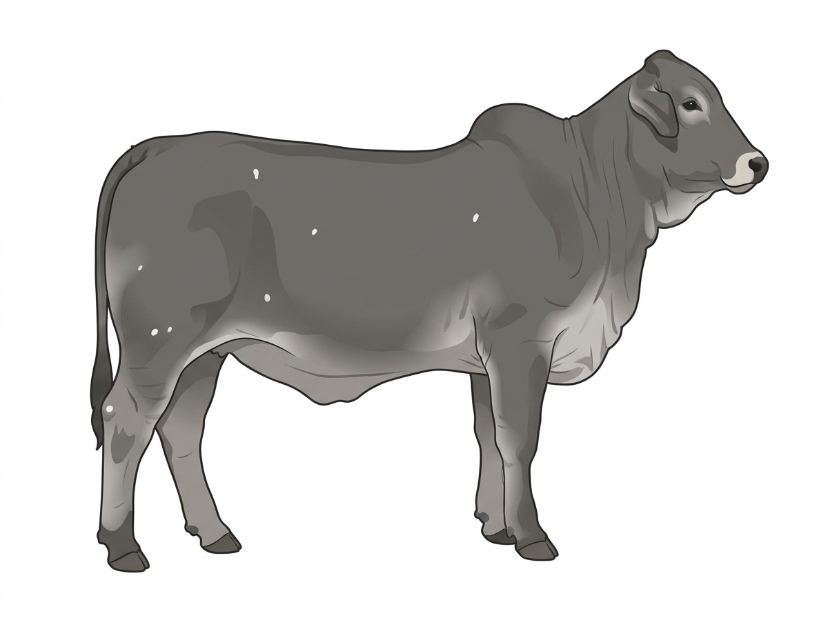 Gray with a pale muzzle ring and lighter underline and a few white spots Brahman Cross Heifer