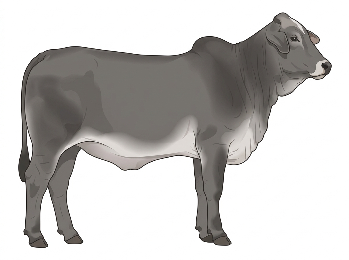 Gray with a pale muzzle ring and lighter underline and a partial white face Brahman Cross Heifer