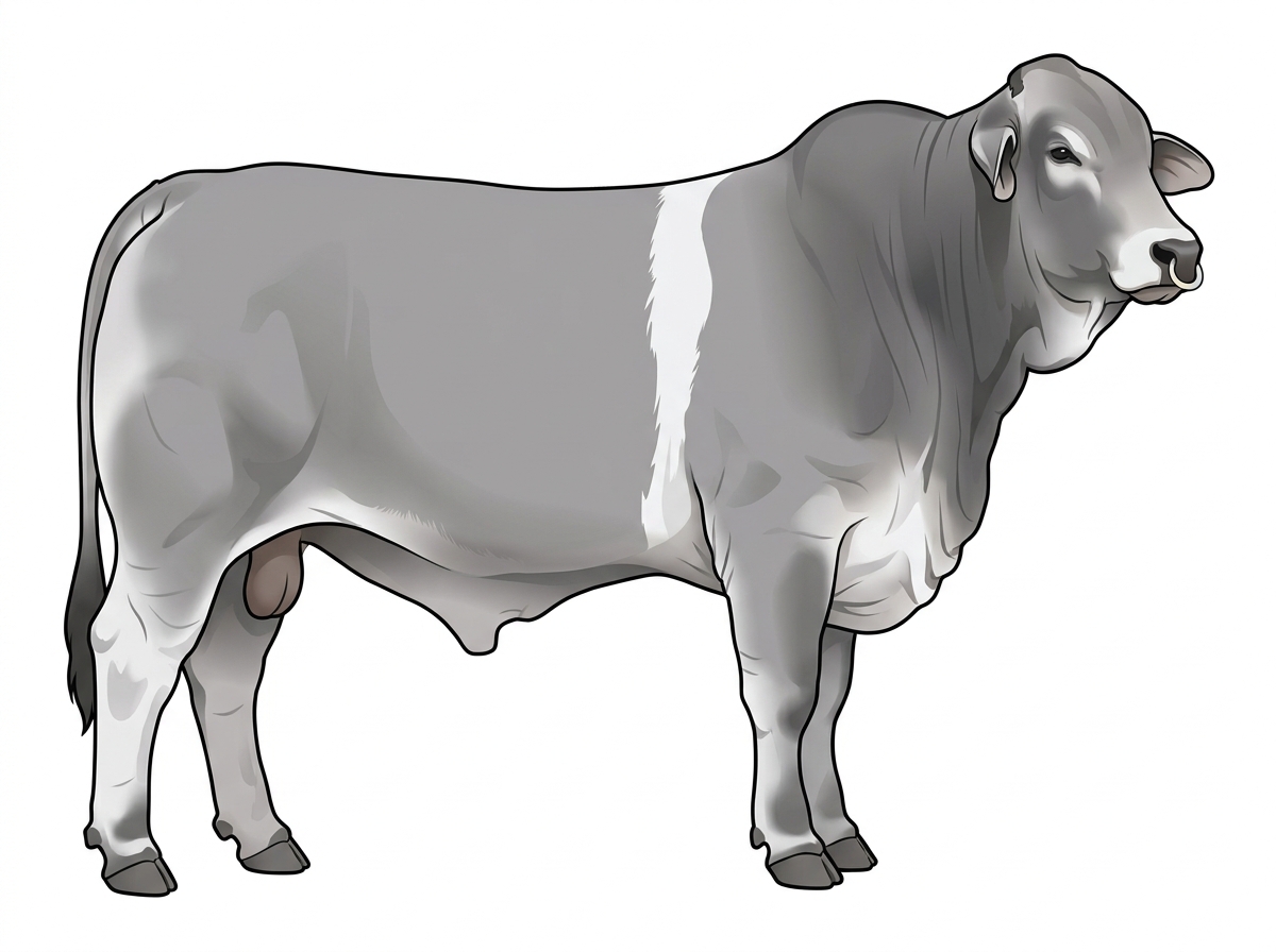 Gray with a pale muzzle ring and lighter underline and a white belt around the midsection Brahman Cross Bull