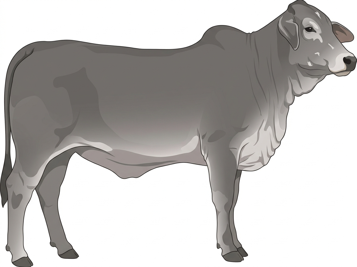 Gray with a pale muzzle ring and lighter underline and minimal white face markings Brahman Cross Heifer