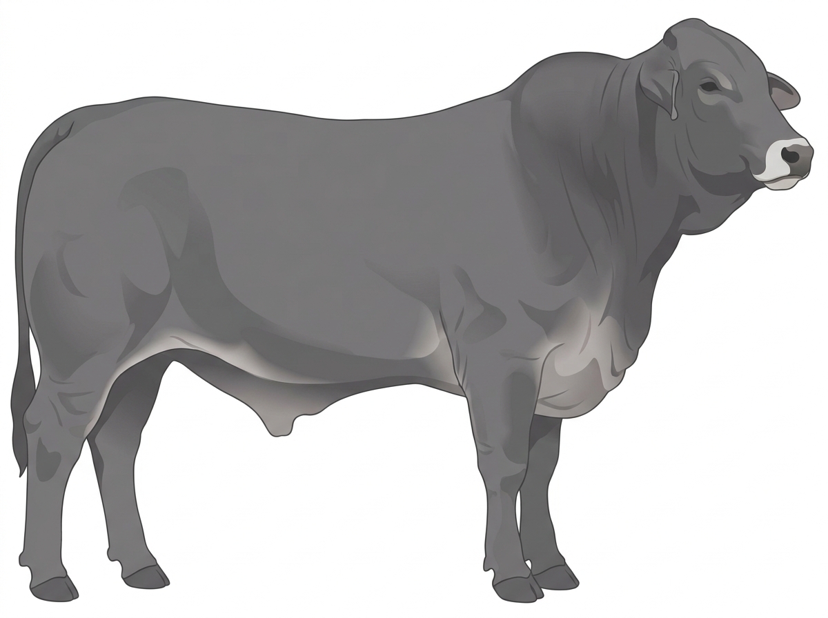 Gray with a pale muzzle ring and lighter underline Brahman Cross Bull